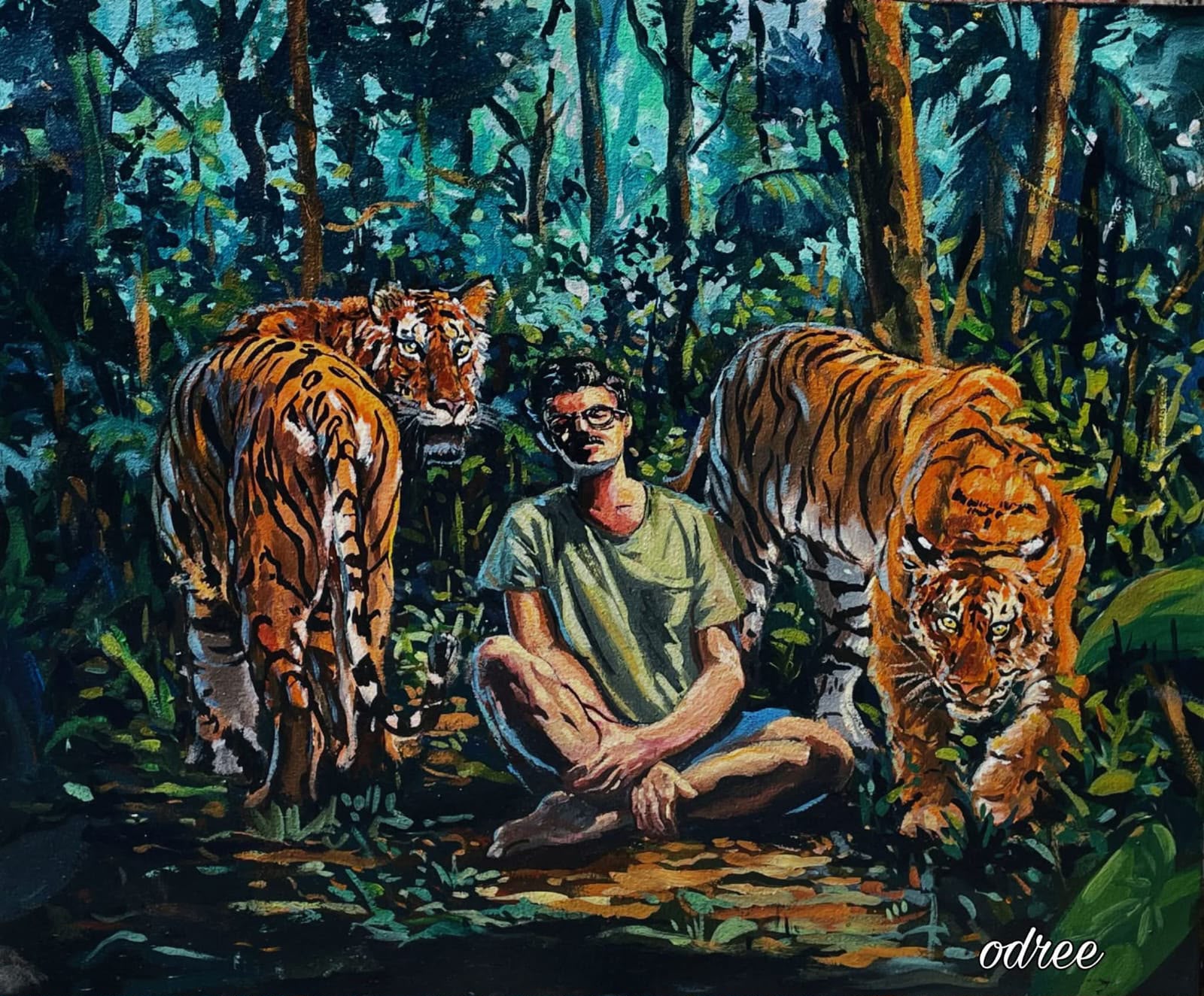 Painting of a man seated cross-legged between two tigers in a lush jungle
