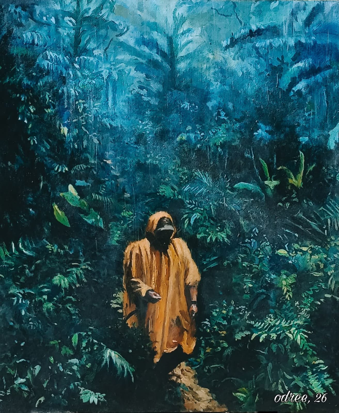 Painting of a hooded figure in a saffron raincoat walking through dense teal jungle