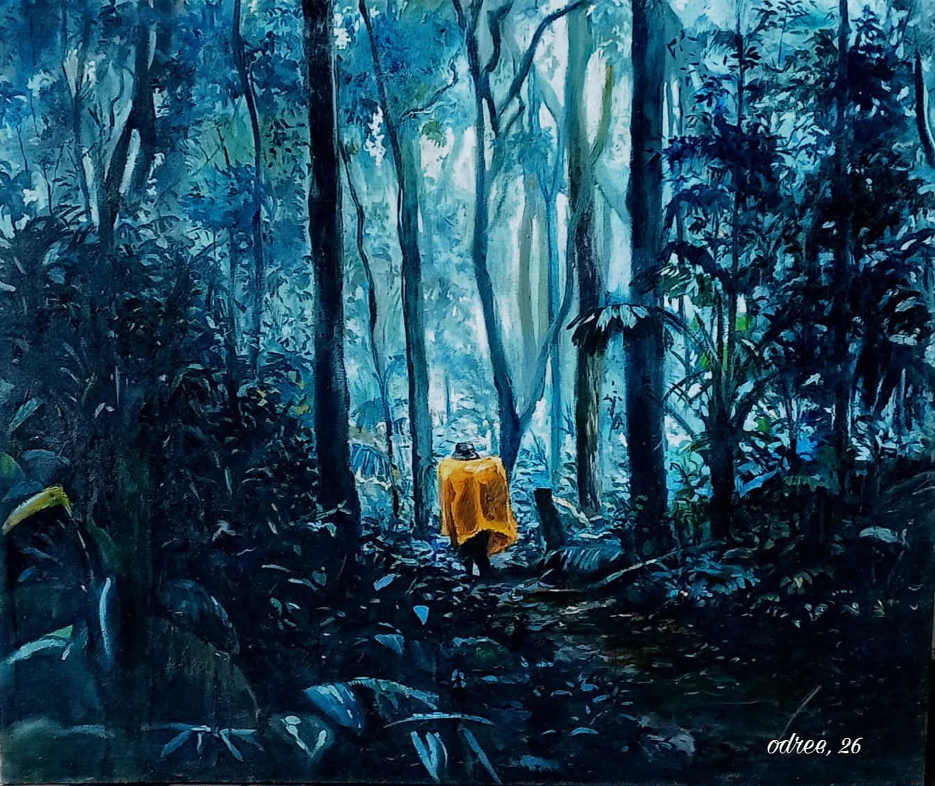 Painting of a lone figure in a saffron raincoat on a blue forest path